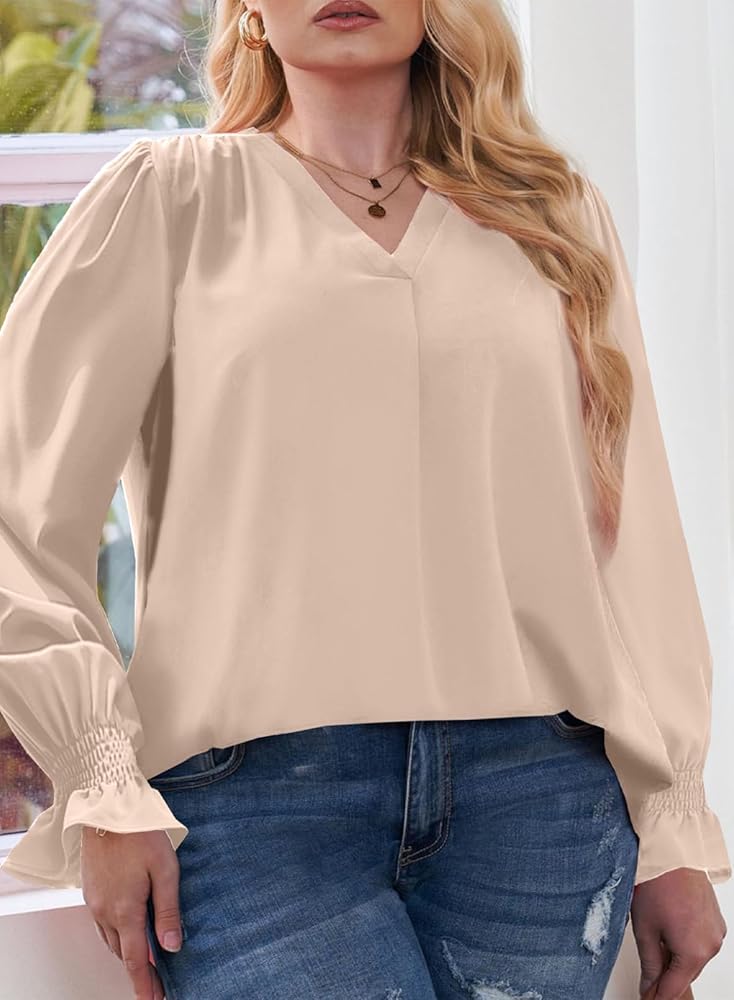 Eytino Women Plus Size Tops Casual V Neck Smocked Long
